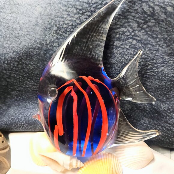Vintage Blown Glass Cobalt Blue & Orange Striped Angel Fish Paperweight Figurine - Picture 2 of 3